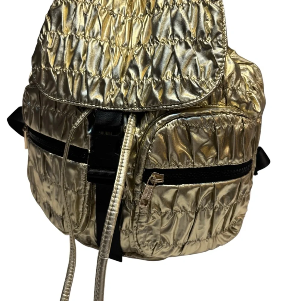 NWT Madden Girl Backpack Metallic Gold Quilted Drawstring Shiny Black Zip Straps